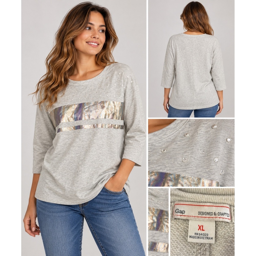 Gap Sweatshirt Women XL Grey Casual Chic Athleisure Metallic Pearl Embellished